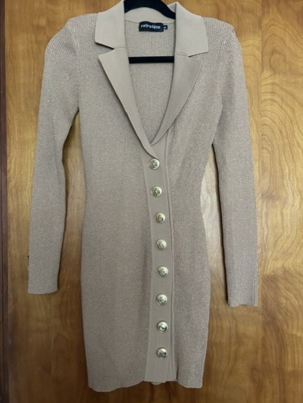 Retrofête Metallic Ribbed Knit Blazer Mini Dress Beige Gold Size S - Picture 2 of 6